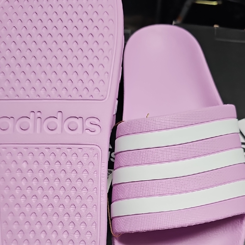 Adidas Lavender Slides with White Stripes - Picture 3 of 5